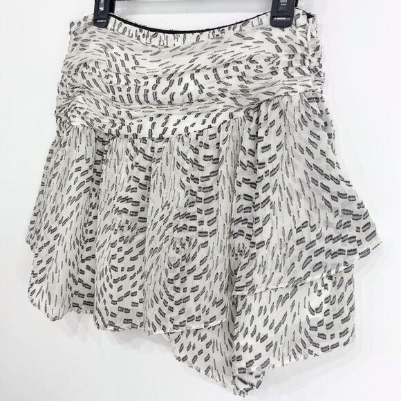 Rami Brook NY Silk White Black Metallic Drop Waist Flirty Ruched Mini Skirt - Picture 1 of 16